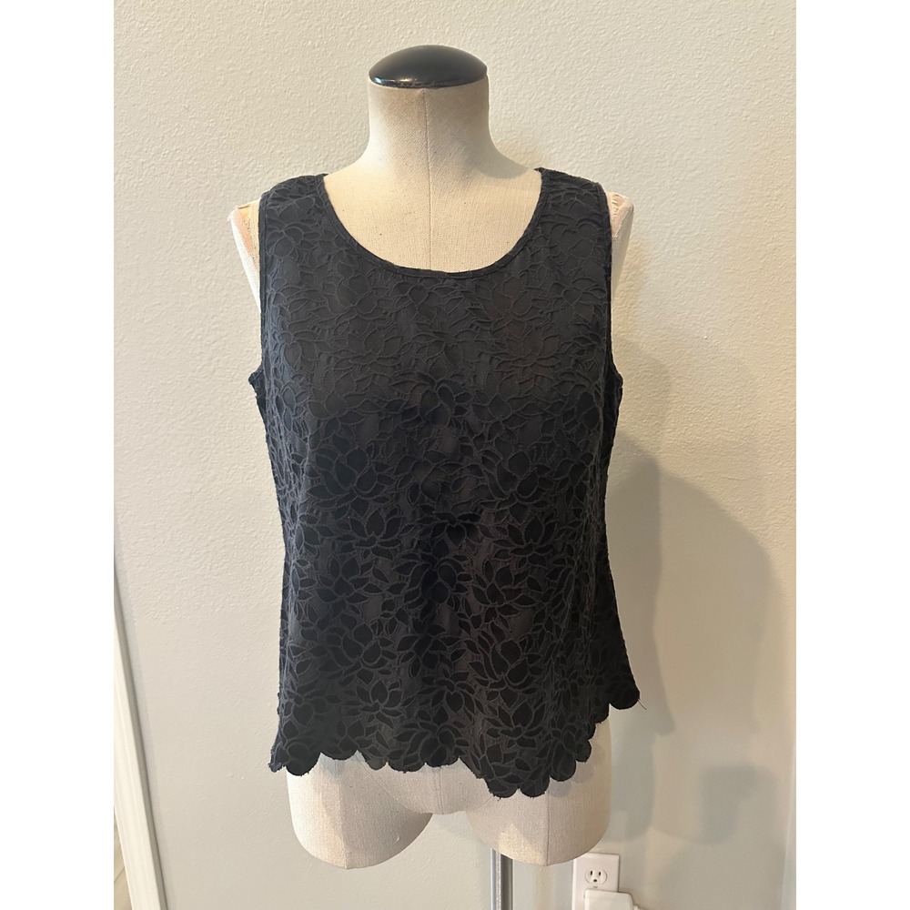 Covington Petite Womens LP Black Floral Lace Sleeveless Blouse Scalloped Top